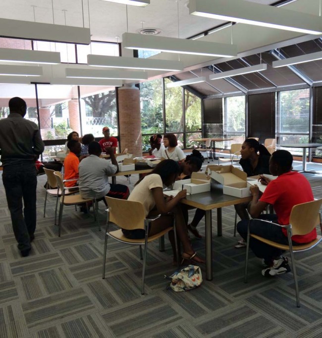 Students were asked to calculate the length, width, and height of the Commons room in the Design Building at LSU College of Art + Design.