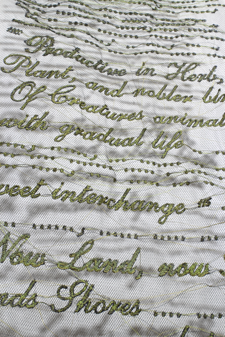 Calligraphy words on netting by Loren Schwerd