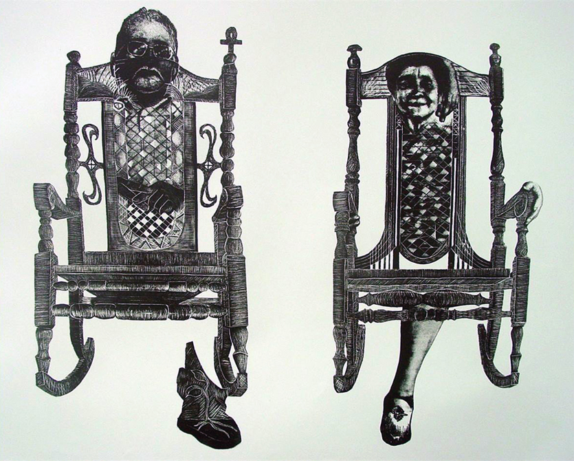 Faces of man and woman in two rocking chairs.Alejandro Arauz LSU Printmaking MFA Thesis