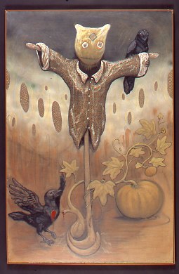 Scarecrow with two crows, pumpkins on vine.Chris Hutson LSU MFA printmaking