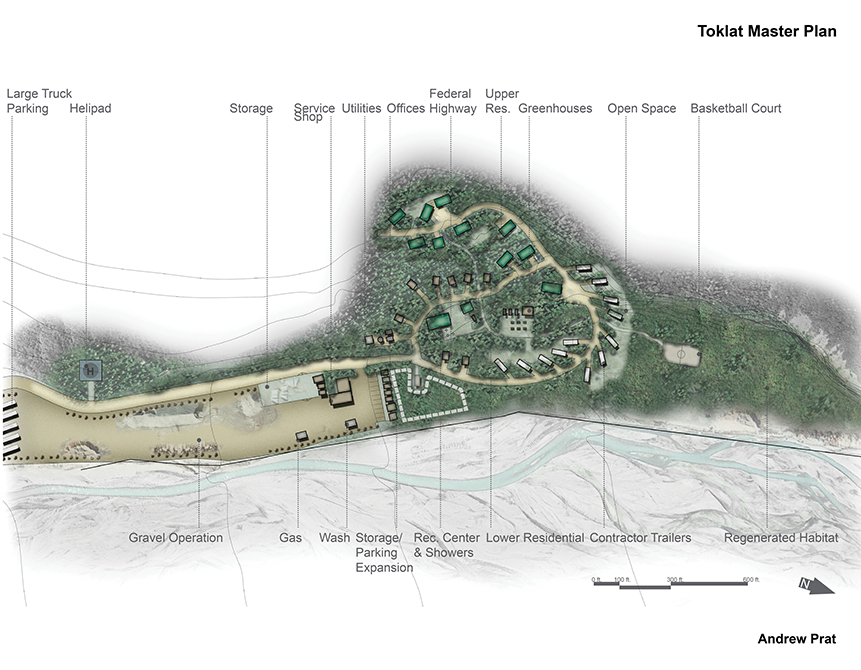 Master plan for Toklat site with parking, helipad, offices, federal highway, greenhouses, open space, basketball court.Design by LA 4008 Advanced Topics Studio student Andrew Prat