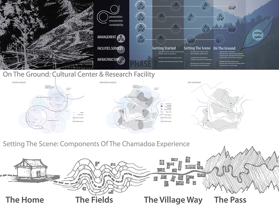 On the ground: cultural center & research facility (with graphics of management, facilities, services, infrastrcuture).Setting the Scene: Components of the Chamadoa Experience: The Home, Fields, Village Way, The Pass graphics.LA 4008 Advanced Topics Studio work, graphic