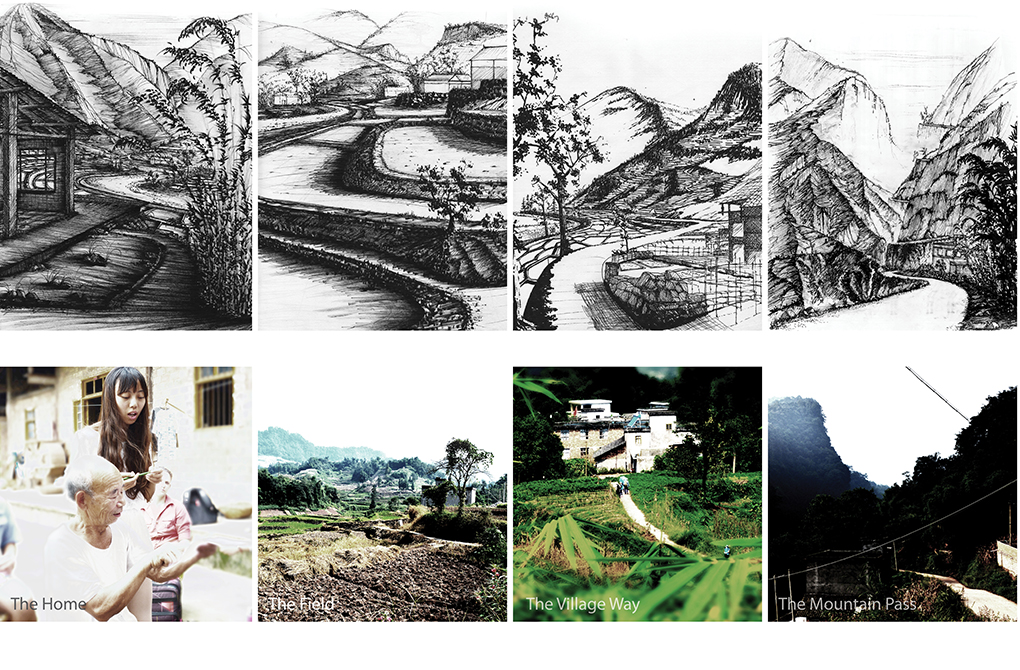 Charcoal drawings of landscapes!photographs representing the home, field, village, mountain pass.LA 4008 Advanced Topics Studio student work