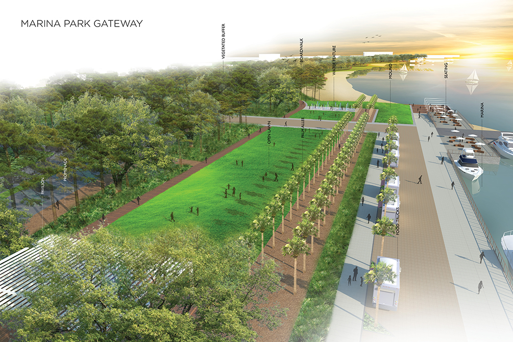 Aerial image of Marine Park Gateway, park by marina with boardwalk, palm trees, vegetation.Design by LA 4008 Advanced Topics Studio students