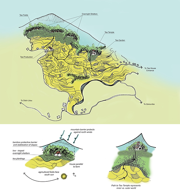 Drawing of Tea fields, tea temple, tea garden.LA 4008 Advanced Topics Studio student work