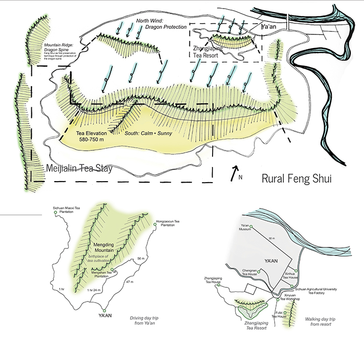 graphic of rurual feng shui, Meijialin Tea stay with elevation and wind direction indicated, mountain trails and area map.LA 4008 Advanced Topics Studio student work