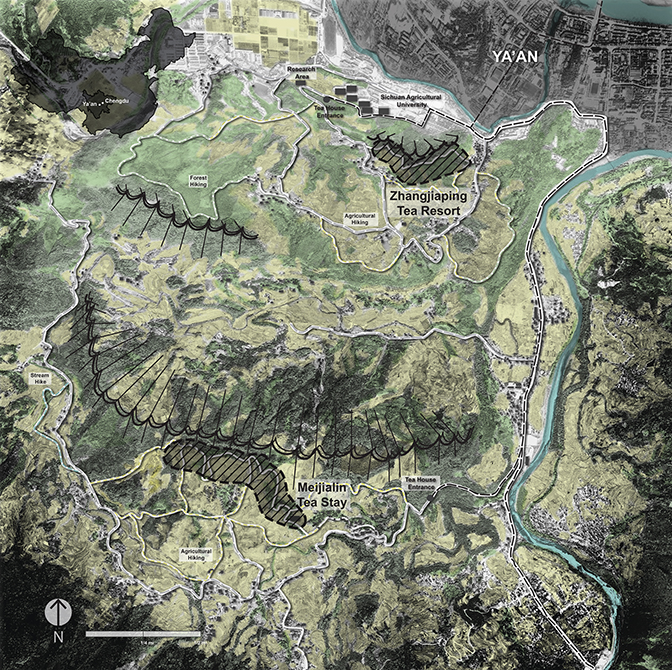 Map with landscape showing terrain, Ya'an city, Zhangjiaping Tea Resort, Meijialin Tea Stay, hiking trails, river.LA 4008 Advanced Topics Studio student work