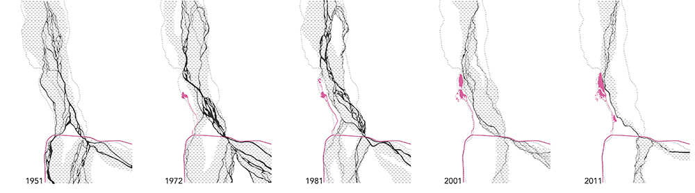 Graphic of river in 1951, 1972, 1981, 2001, 2011.LA 4008 Advanced Topics Studio work