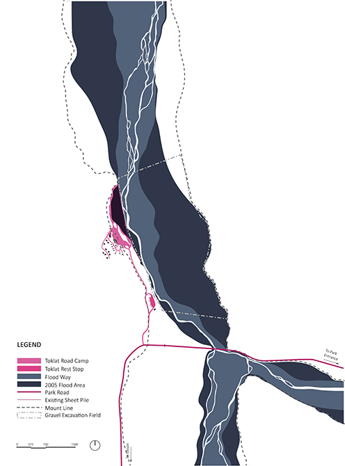 Flood plan with legend indicating road camp, rest stop, flood way, 2005 flood area, park road, existing sheet pile, mount line, gravel excavation field.LA 4008 Advanced Topics Studio student work