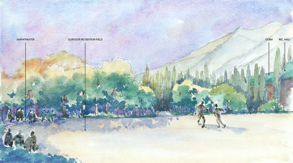 Watercolor painting of landscape perspective, with ampitheater, outdoor recreation field, dorm, rec hall, vegetation, elevated terrain in background, figures playing sports.LA 4008 Advanced Topics Studio student designs