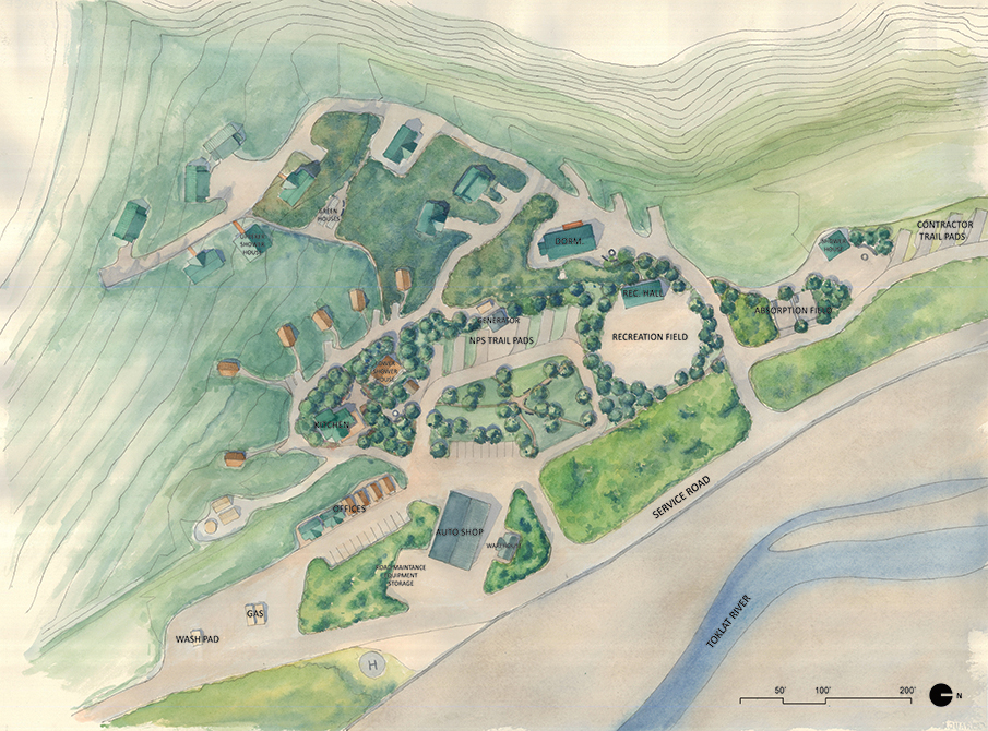 Illustrated site plan indicating elevation, vegetation, service road, river, recreation field, manmade structures.LA 4008 Advanced Topics Studio student design