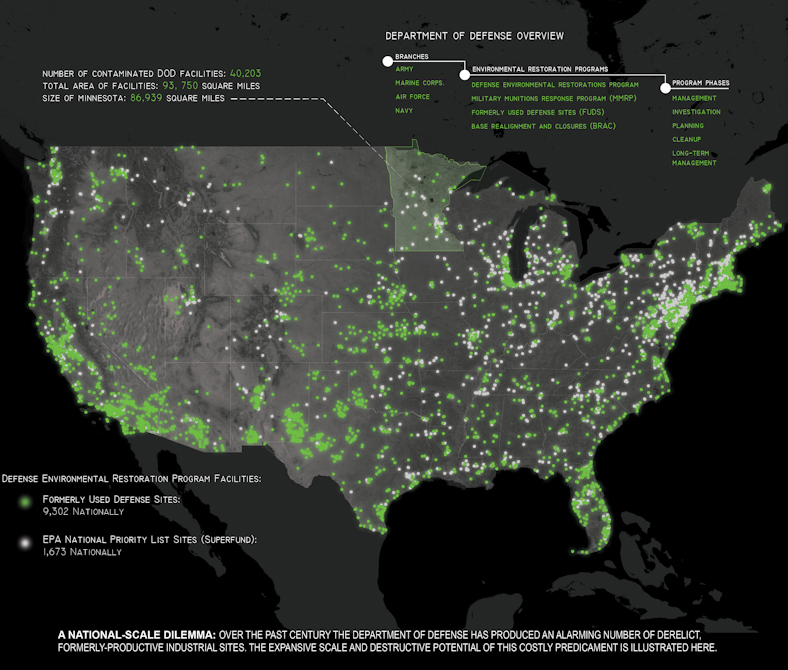 Map of United States with formerly used defense sits highlighted in neon green.Department of Defense overview information.LA 5002 Landscape Design VIII Capstone Project