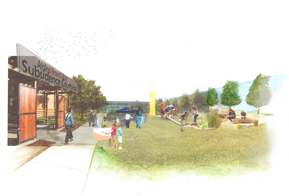 Site rendering with library courtyard.LA 7003 Graduate Landscape Design: Water Studio