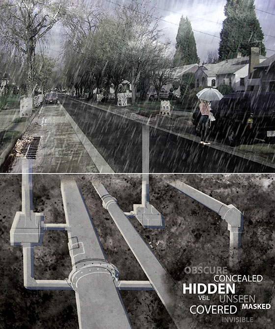 Image of hidden pipes under residential street.LA 7003 Graduate Landscape Design: Water Studio