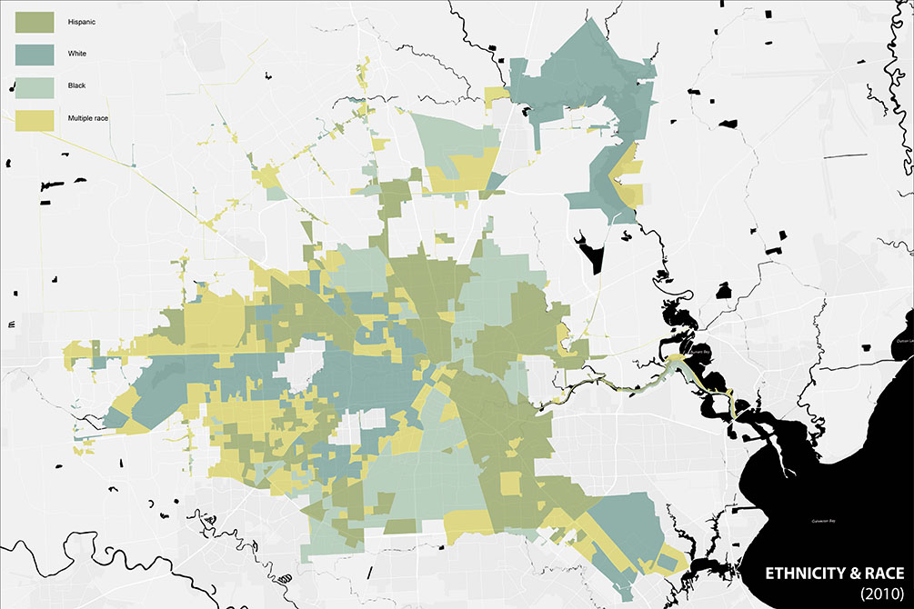 Map of Houston population ethnicity & race shown as: green for Hispanic, blue for white, mint for black, yellow for multiple races.LA 7003 Graduate Landscape Design: Water Studio