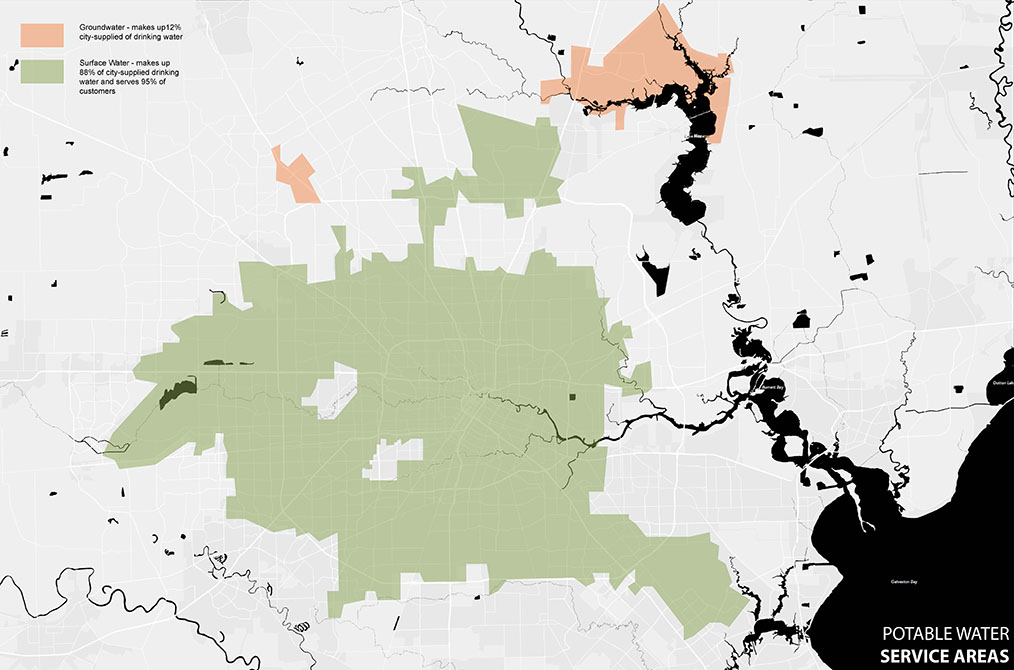 Potable water service areas in houston, surface water area shown in green and groundwater area shown in peach.LA 7003 Graduate Landscape Design: Water Studio