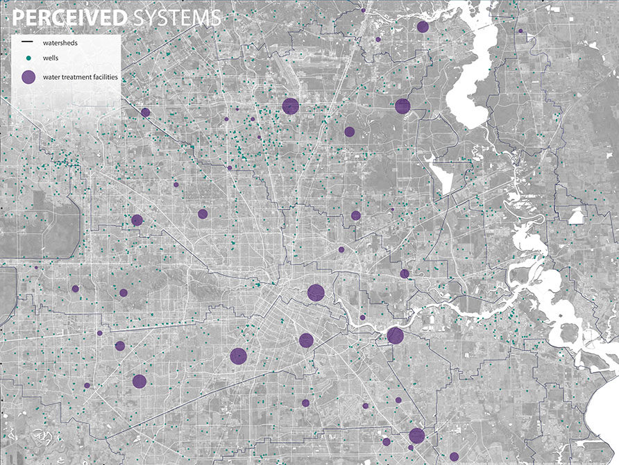 Diagram of perceived systems with map, water treatment facilities as purple dots, wells as green dots, watersheds as lines.LA 7003 Graduate Landscape Design: Water Studio