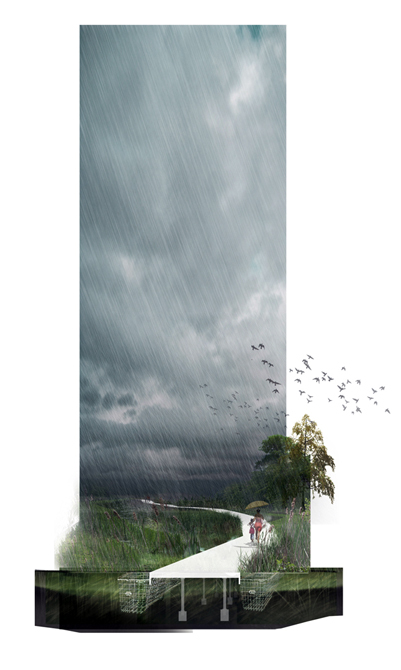 Image of rainy landscape, person with umbrella walking on path.LA 7003: Graduate Landscape Design III: Community Design