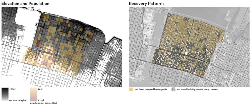 Elevation and population, recovery patterns of neighborhoods illustrated.LA 7003: Graduate Landscape Design III: Community Design