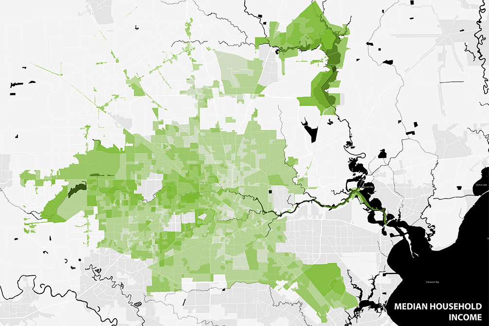 Median household income map showing areas in different shades of green.LA 7003 Graduate Landscape Design: Water Studio