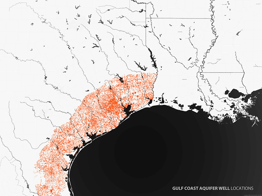 Gulf Coast Aquifer Well locations, map showing coast of Texas and Louisiana.LA 7003 Graduate Landscape Design: Water Studio