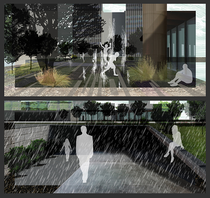 Rendering of fountain outside building, covered walkway with trees above.LA 7003 Graduate Landscape Design: Water Studio