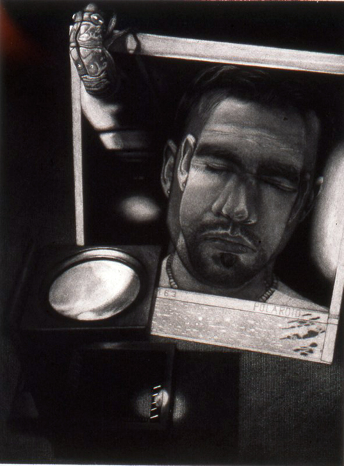 Polaroid portrait of young man with beard, eyes closed.Black and white.Ryan O'Malley LSU MFA printmaking