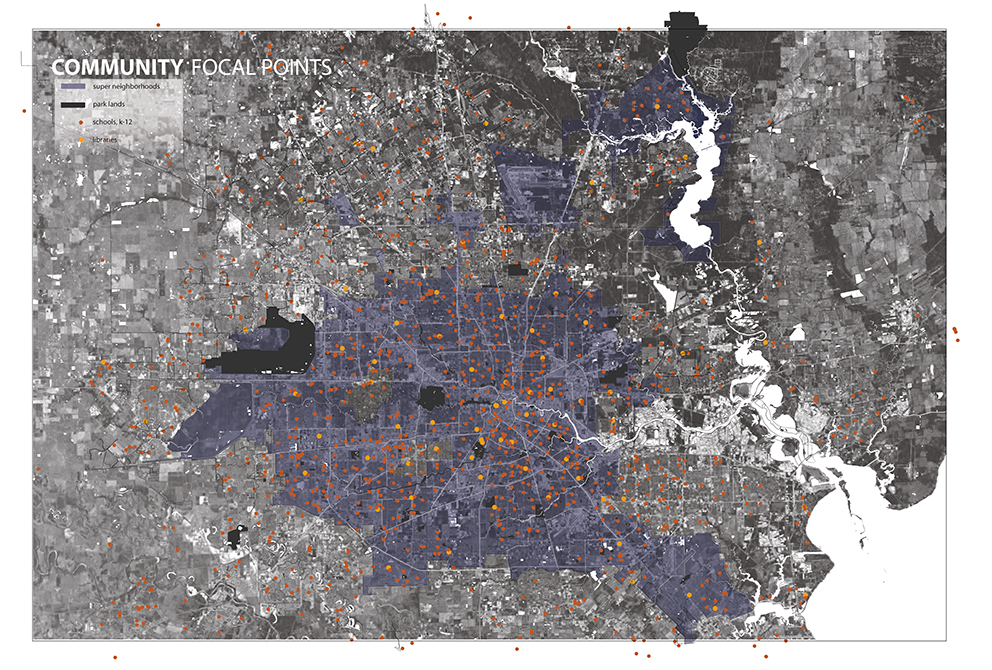 Community Focal Points map of urban region with neighborhoods in purple, park lands black, red dots for schools, yellow dots for libraries.LA 7003 Graduate Landscape Design: Water Studio