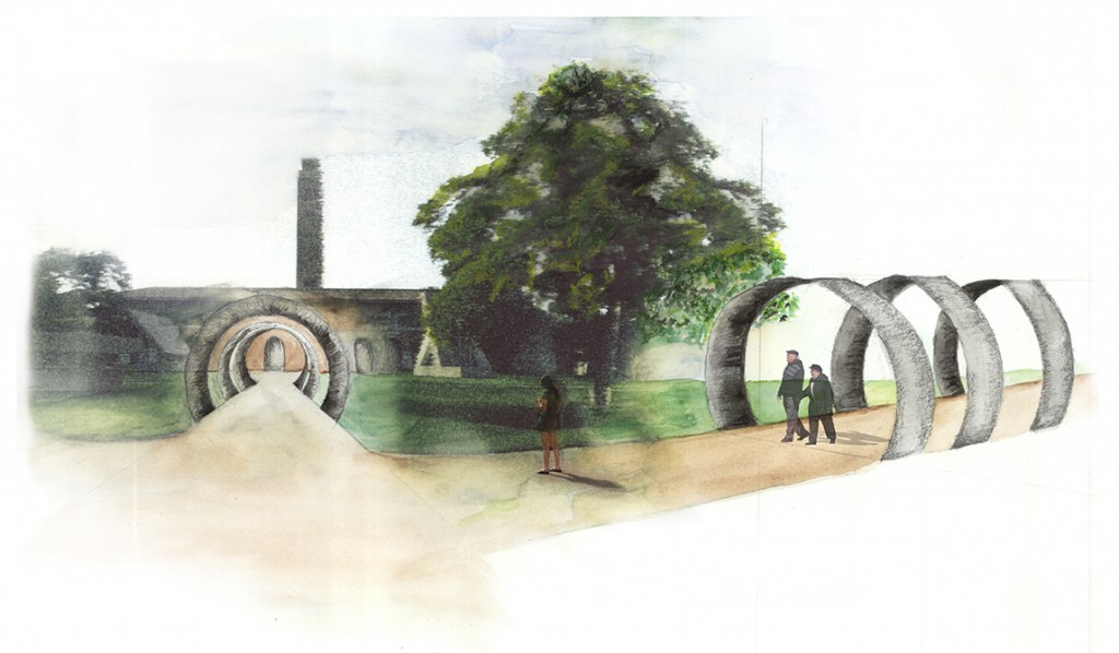 Illustration of park with walkway with circular sculptures over paths.LA 7003 Graduate Landscape Design: Water Studio