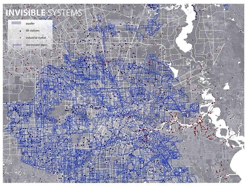 Invisible systems graphic: blue and white lines on gray background.key showing shapes for aquifer, lift stations, industrial outfall, and stormwater pipes.LA 7003 Graduate Landscape Design: Water Studio