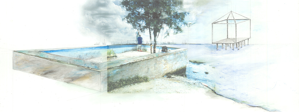 Illustration of coastal site with structures by water.LA 7003 Graduate Landscape Design: Water Studio