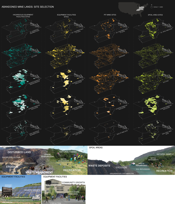 Abandoned mine lands site selection demonstrating layers of hazardous equipment facilities sites, equipment facilities, pit mines, spoil areas.LA 5002 Landscape Design VIII Capstone Project