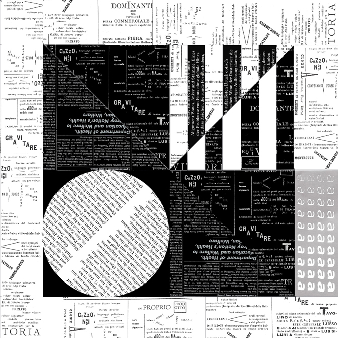 Grid pattern with newsprint in triangles, circle forming squares.LSU BFA Studio Art Graphic Design