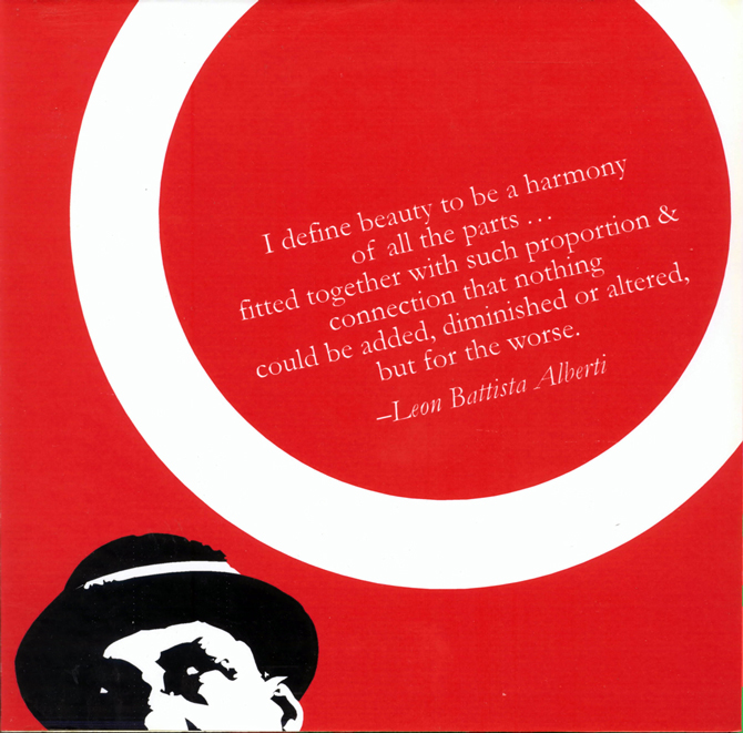 Red background, black and white man's head.Text quote: I define beauty to be a harmony of all the parts ...fitted together with such proportion & connection that nothing could be added, diminished or altered, but for the worse.- Leon Battista Alberti