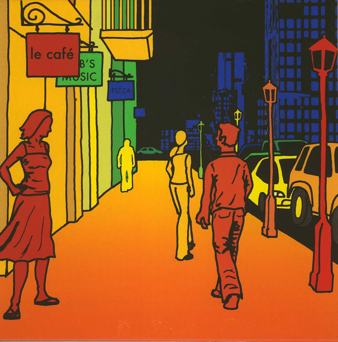 Cartoon of street scene with yellow and green buildings, blue skyscrapers, red and yellow pedestrians, red lamppost, orange sidewalk.Shop sign reads