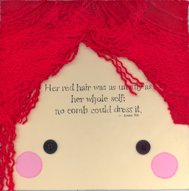 Red yarm hair, doll face with button eyes, and text