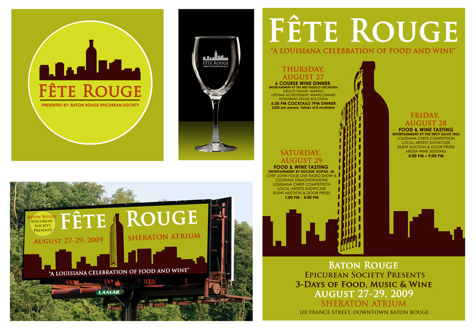 Fete Rouge brand design with pea green, Baton Rouge iconography.LSU BFA Studio Art Graphic Design