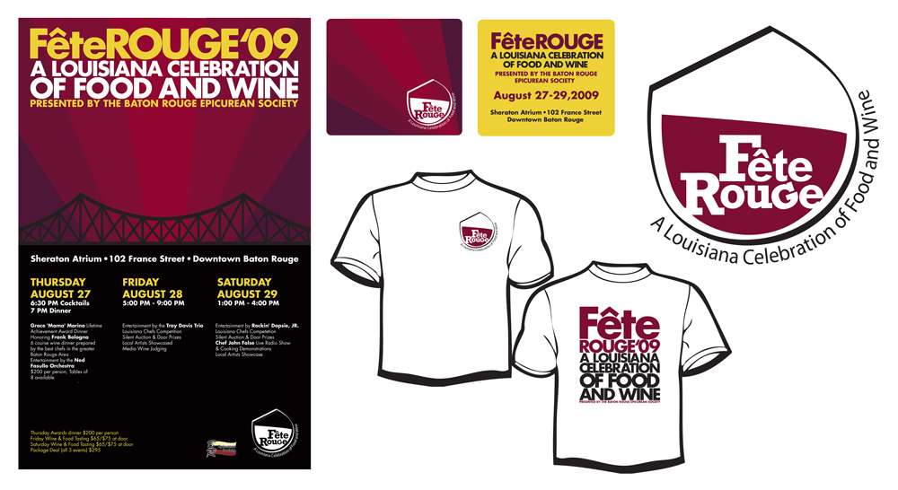 Fete Rouge brand design with poster, logo, t-shirts.LSU BFA Studio Art Graphic Design