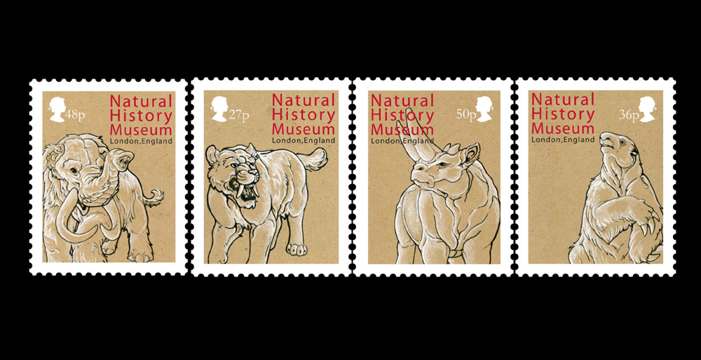 Stamp designs for Natural History Museum, London, England, with illustrations of elephant, panther, rhino, sloth.LSU BFA Studio Art Graphic Design