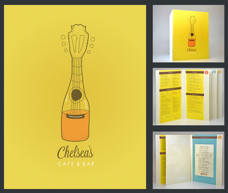 Menu design for Chelsea's cafe & bar, yellow background with guitar/wine bottle graphic on cover.LSU BFA Studio Art Graphic Design