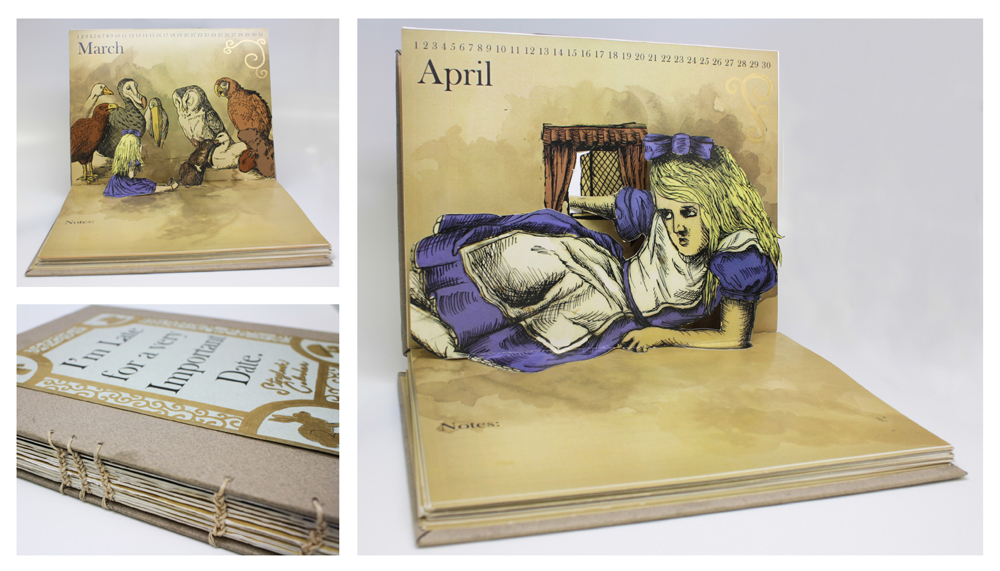 Calendar with Alice in Wonderland illustrations.LSU BFA Studio Art Graphic Design