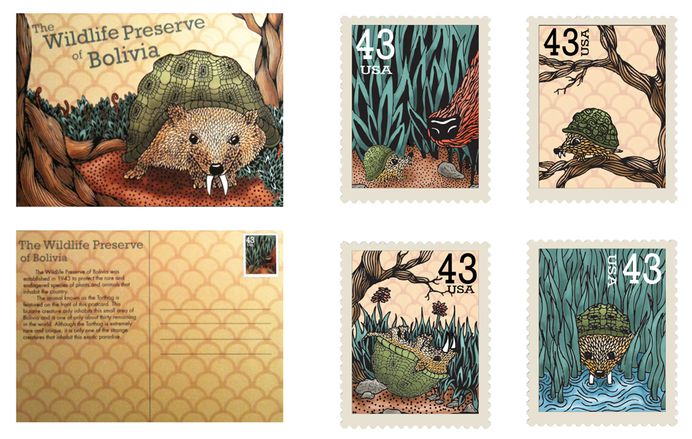 Design for the Wildlife Preserve of Boliva, with animal graphics, stamps, postcards.LSU BFA Studio Art Graphic Design