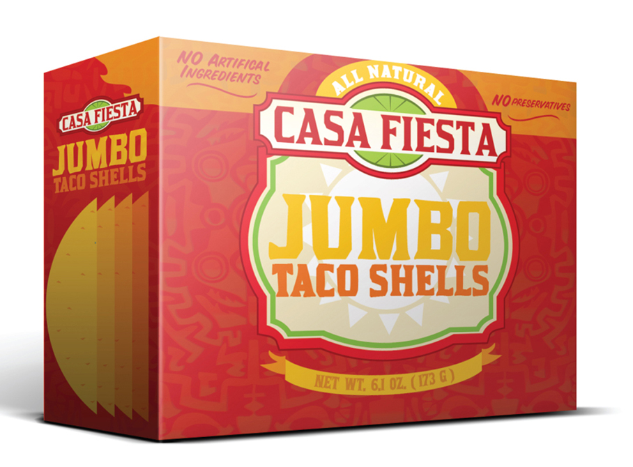 Package design for Casa Fiesta jumbo taco shells.LSU BFA Studio Art Graphic Design