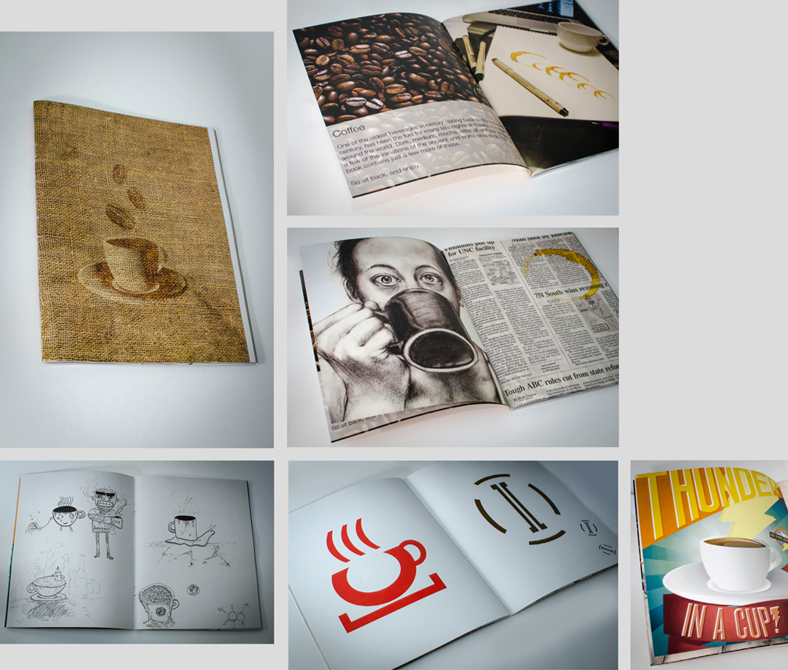 Photos of book with coffee illustrations.LSU BFA Studio Art Graphic Design