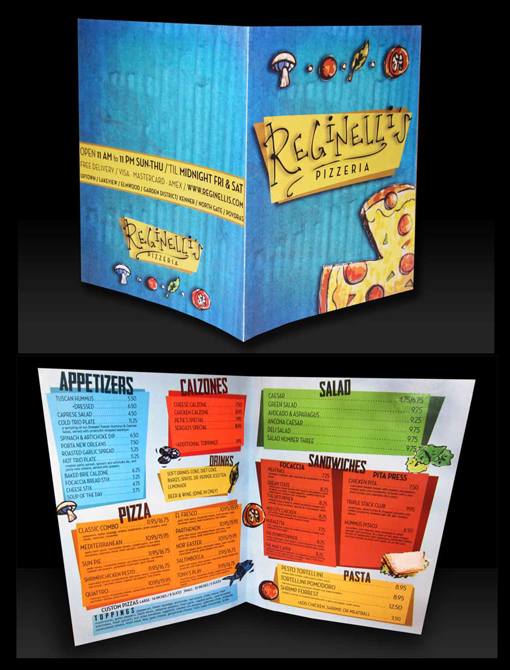 Menu design for restaurant Reginelli's Pizzeria.LSU BFA Studio Art Graphic Design