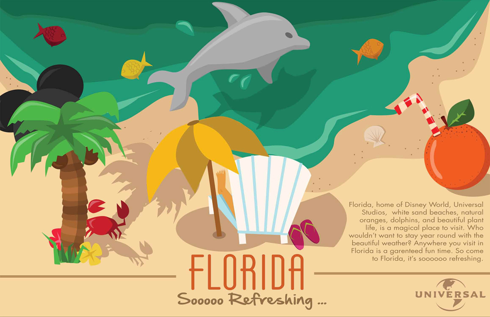 Tourism poster for Florida with beach graphic with palm tree, beach chair, orange with straw, crab, dolphin, shells.LSU BFA Studio Art Graphic Design