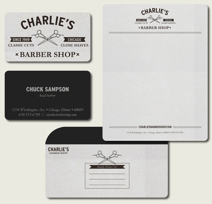 Charlie's Barber Shop logo, letterhead, business cards, envelope.LSU BFA Studio Art Graphic Design