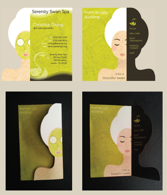 Brochure design Serenity Swan Spa, graphic of woman with green facemask, cucumbers on eyes, hair in towel.LSU BFA Studio Art Graphic Design