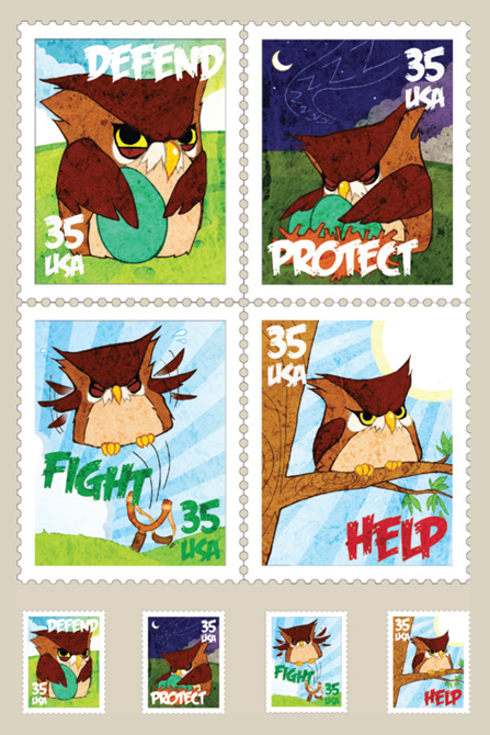 Stamp designs with owl cartoon.LSU BFA Studio Art Graphic Design