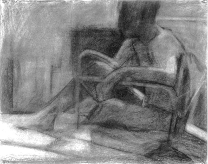 Faded charcoal drawing of seated figure.LSU BFA Studio Art Painting Drawing